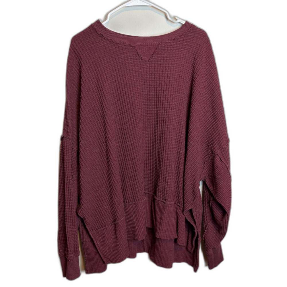 American Eagle Maroon Waffle Knit Long Sleeve Blouse Size L Women